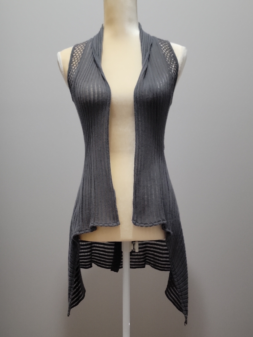 Mudd Dark Gray Ribbed with Mesh Open Front Sleeveless Cardigan Sz XS